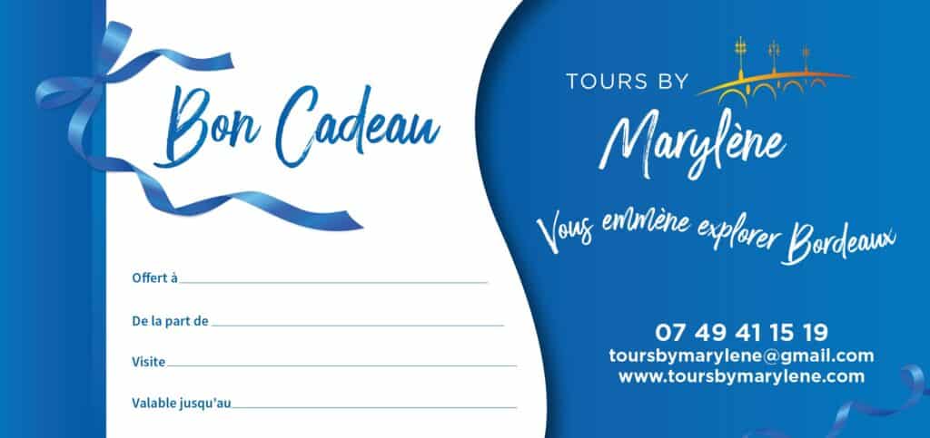 Bon Cadeau Tours Bordeaux - Marylène Guide Bon Cadeau Tours by Marylène pour explorer Bordeaux : Offert à __, De la part de __, Visite __, Valable jusqu'au __. Contact : 07 49 41 15 19.